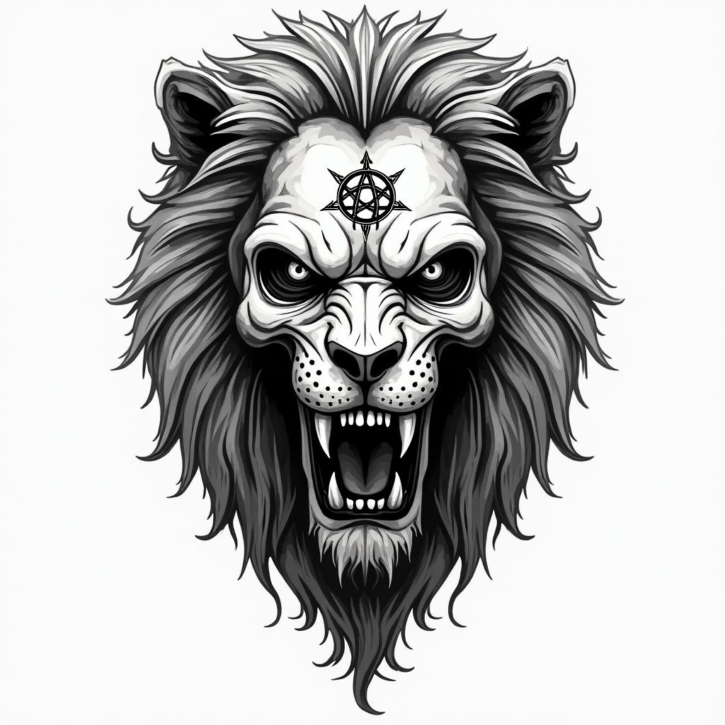 Lion, mystical, with a witch's knot on its forehead, piercing gaze, in many colors.creepy horror tattoo style, featuring an eerie and unsettling skull of a demonic creature, distorted face with sharp fangs, add pentagram symbol - Variation 2