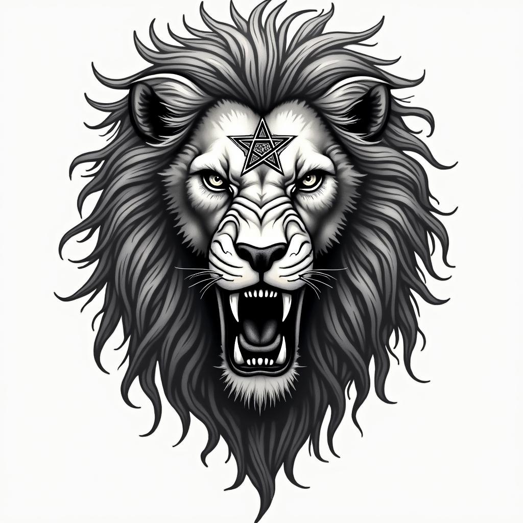 Lion, mystical, with a witch's knot on its forehead, piercing gaze, in many colors.creepy horror tattoo style, featuring an eerie and unsettling skull of a demonic creature, distorted face with sharp fangs, add pentagram symbol - Variation 4