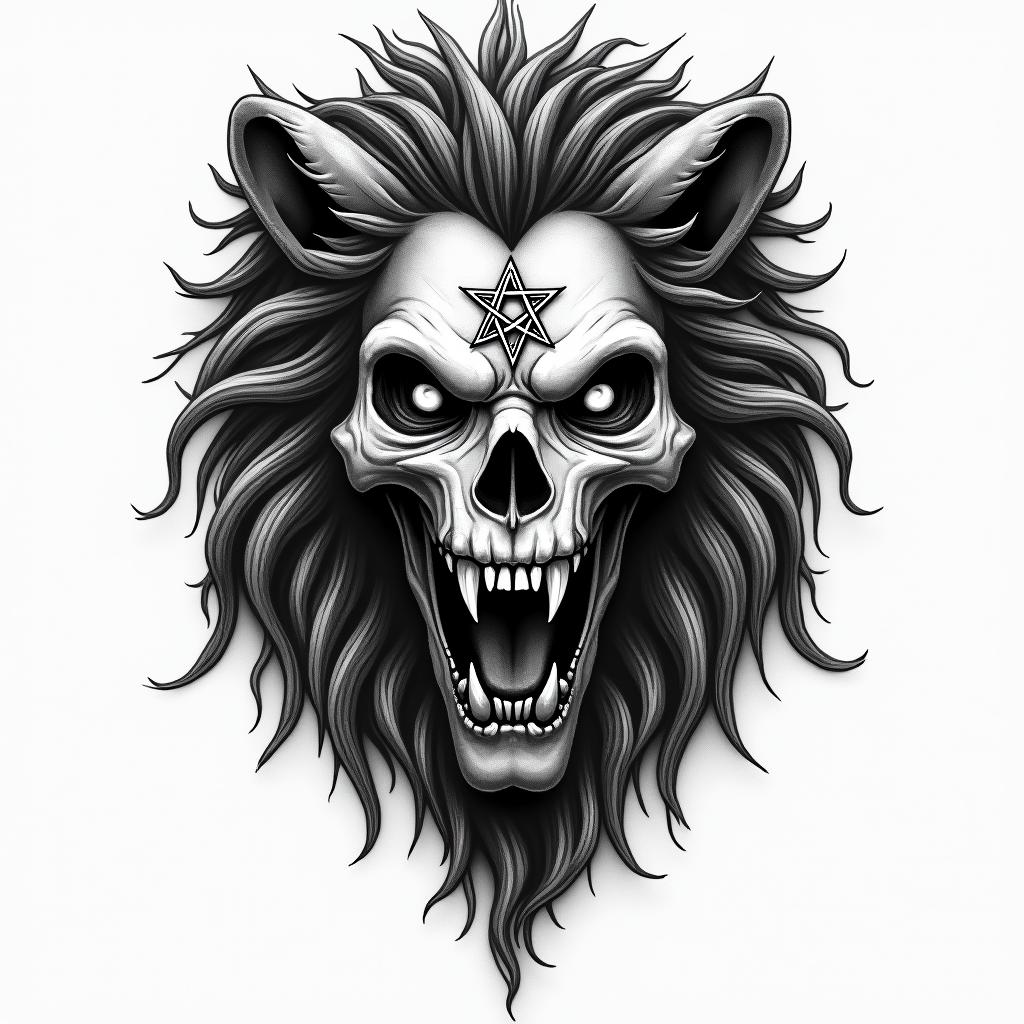Lion, mystical, with a witch's knot on its forehead, piercing gaze, in many colors.creepy horror tattoo style, featuring an eerie and unsettling skull of a demonic creature, distorted face with sharp fangs, add pentagram symbol