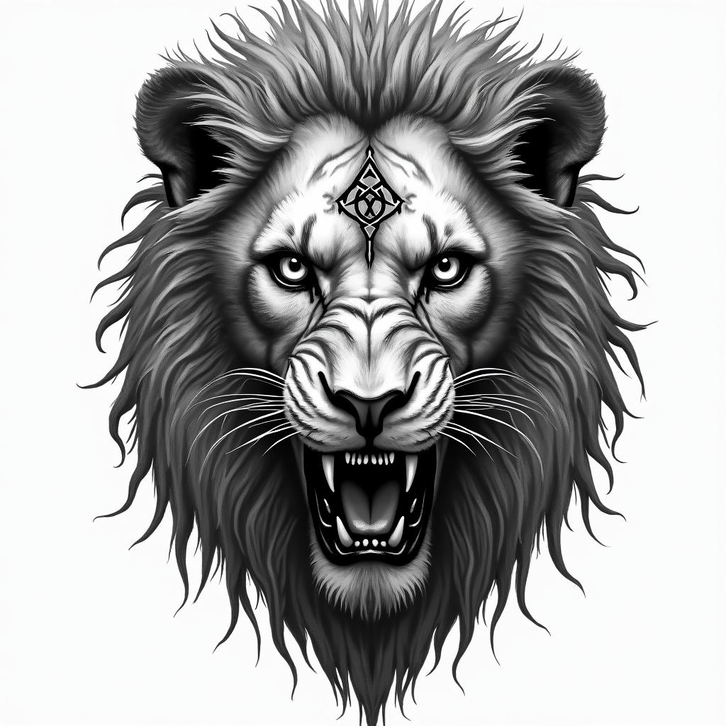 Lion, mystical, with a witch's knot on its forehead, piercing gaze, in many colors.creepy horror tattoo style, featuring an eerie and unsettling skull of a demonic creature, distorted face with sharp fangs, add pentagram symbol - Variation 3