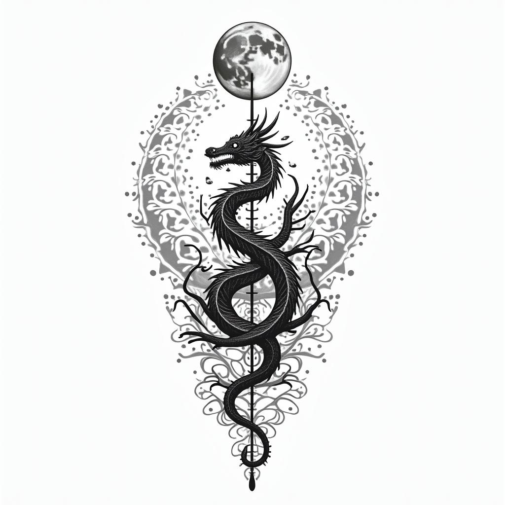 Flowing water, enlightened soul, full moon,year of the dragon, 88in spiritual symbols tattoo style, featuring an intricate design incorporating elements, Hamsa hand, third eye, minimalist composition - Variation 4