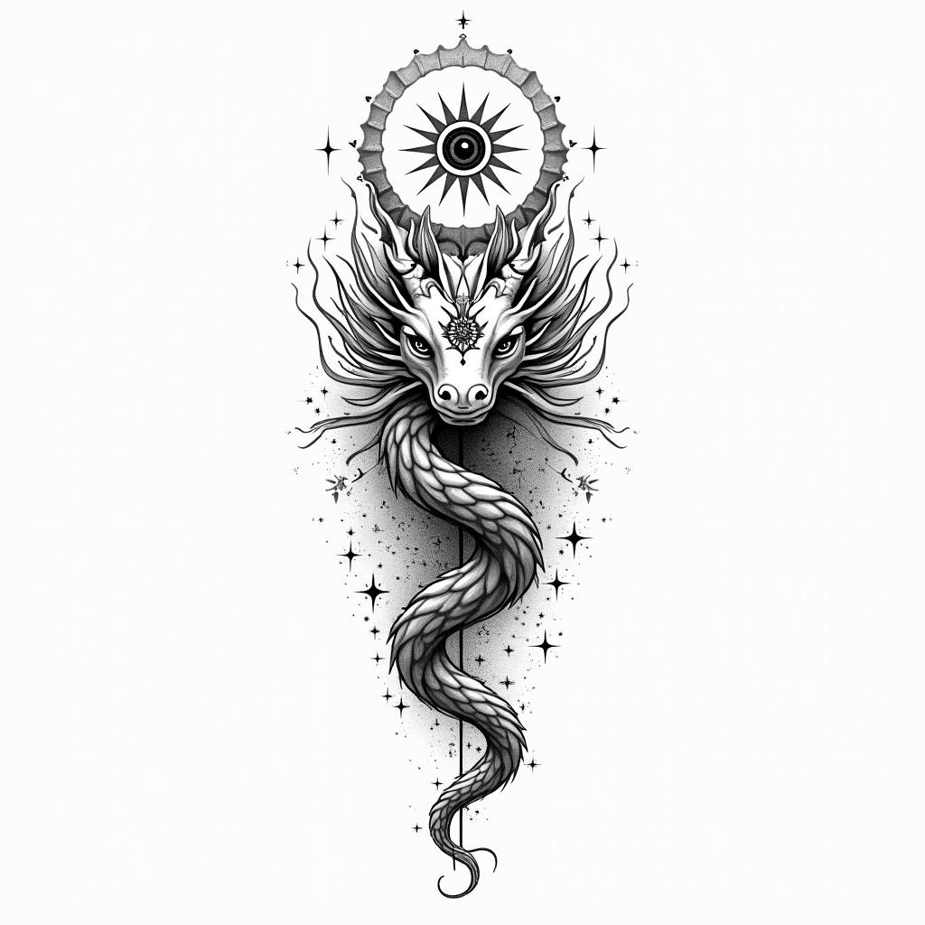 Flowing water, enlightened soul, full moon,year of the dragon, 88in spiritual symbols tattoo style, featuring an intricate design incorporating elements, Hamsa hand, third eye, minimalist composition - Variation 3