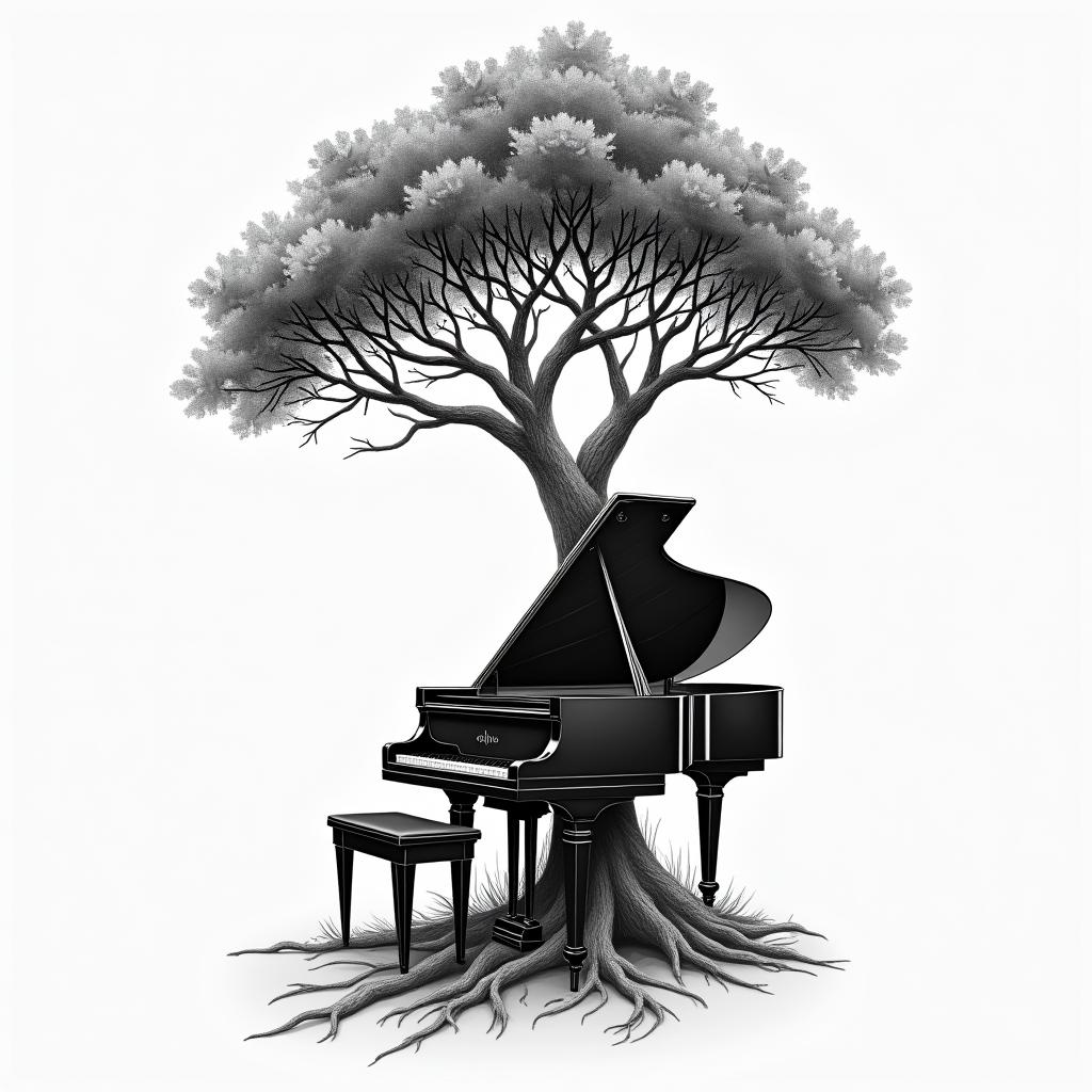 Piano fused with treehigly detailed tattoo - Variation 2