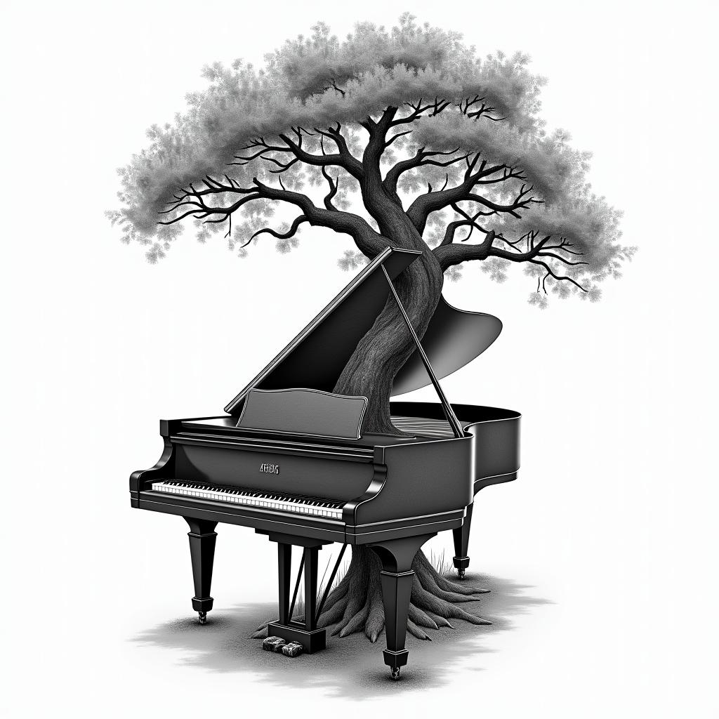 Piano fused with treehigly detailed tattoo - Variation 4