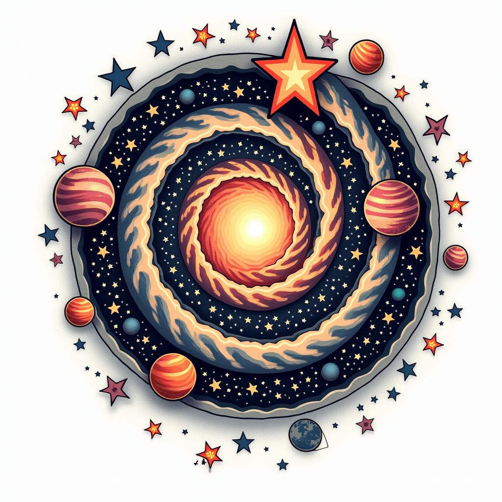 Spiral galaxy with stars and planetsin pop art style tattoo, featuring bold and vibrant colors, exaggerated outlines, iconic imagery, inspired by comic books and speech bubbles, comic book characters, retro pop culture - Variation 5
