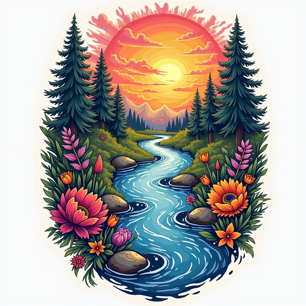 A vibrant Nordic-style tattoo design that represents the resilience and strength of a family in bright colors. It features a colorful river symbolizing life and healing for River, intertwined with a bold warrior symbol for Chandler to signify his ongoing journey. A ruby shines bright for Abigail, a musical note bursts with color for Sailor's love of singing, an autism infinity symbol shines vividly for David, and a radiant representation of brilliance for the youngest son. The design harmoniously blends these elements, embodying unity, love, and strength in a lively Viking-inspired style.undefined