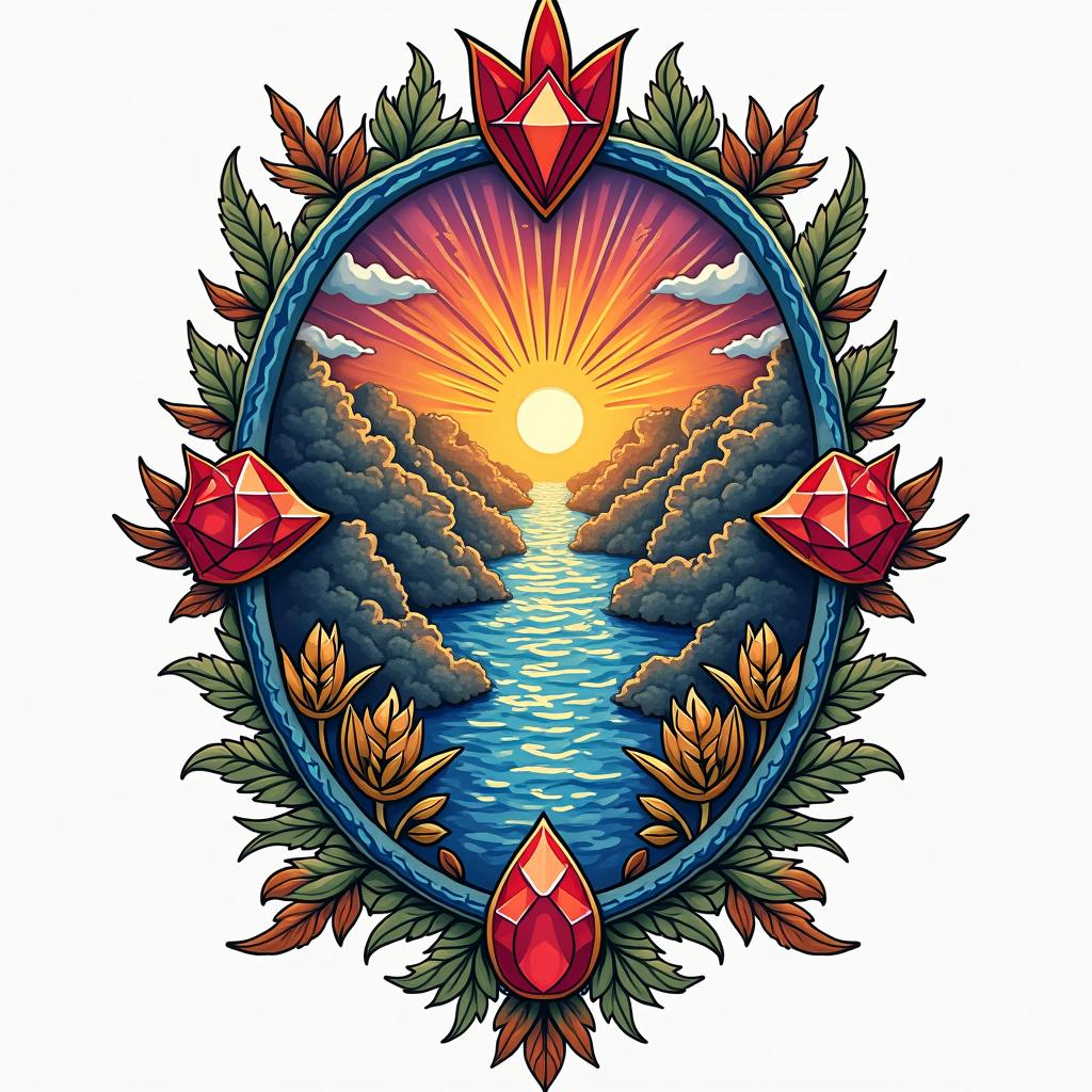 A colorful Nordic-inspired tattoo design representing family strength. Bright colors highlight a flowing river for River, a warrior symbol for Chandler, a ruby for Abigail, a lively musical note for Sailor, an autism infinity symbol for David, and a brilliant representation for the youngest son, united in a harmonious and vibrant style.undefined