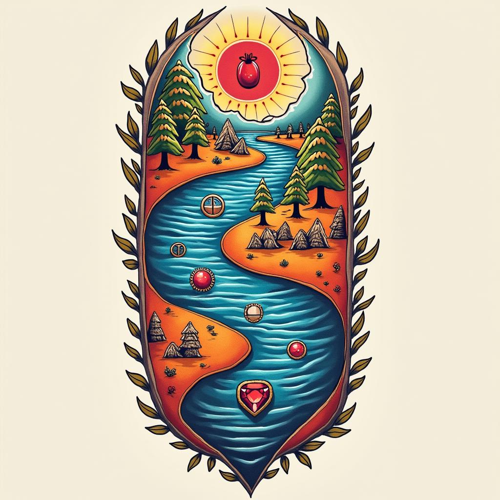 A bright and vibrant tattoo design in Nordic style, symbolizing family resilience. A colorful river for life’s journey, a warrior emblem for Chandler, a ruby for Abigail, a musical note for Sailor, an autism infinity symbol for David, and a unique representation for the youngest son, all intertwined in a harmonious design.undefined