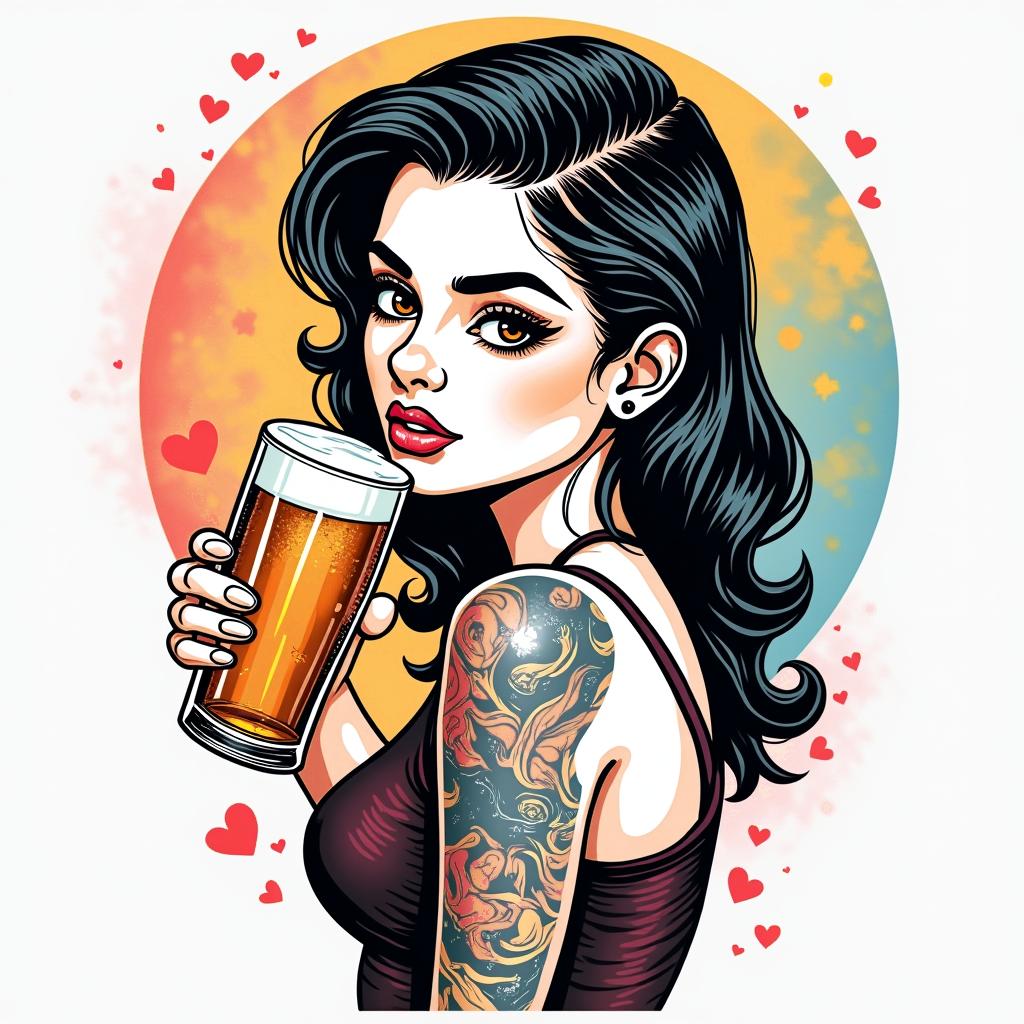 My name is Genesis, I am a lesbian and I like beer and living life happily.in pop art style tattoo, featuring bold and vibrant colors, exaggerated outlines, iconic imagery, inspired by comic books and speech bubbles, comic book characters, retro pop culture - Variation 4