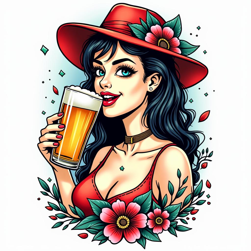 My name is Genesis, I am a lesbian and I like beer and living life happily.in pop art style tattoo, featuring bold and vibrant colors, exaggerated outlines, iconic imagery, inspired by comic books and speech bubbles, comic book characters, retro pop culture - Variation 3