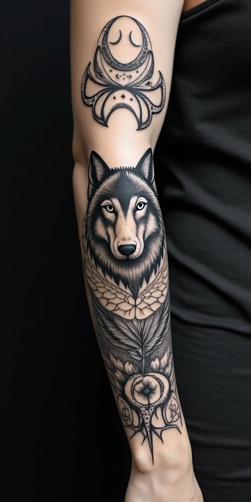 arm cover up, mix of wolf and phoenixin paganic style tattoo, featuring ancient symbols, add vegvisir symbol, mystical figures, incorporating designs, pentagrams, runes, crescent moons, - Variation 4