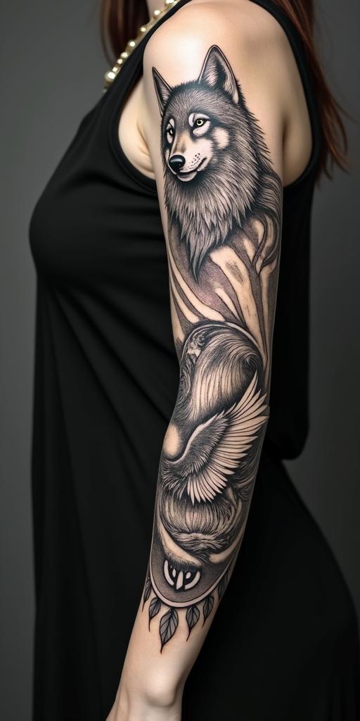 arm cover up, mix of wolf and phoenixin paganic style tattoo, featuring ancient symbols, add vegvisir symbol, mystical figures, incorporating designs, pentagrams, runes, crescent moons, - Variation 2