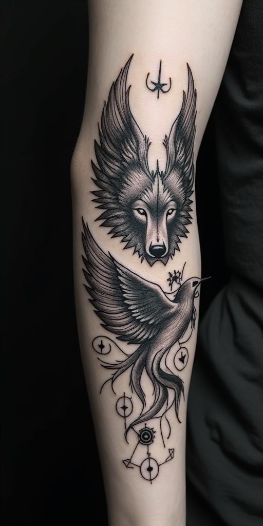 arm cover up, mix of wolf and phoenixin paganic style tattoo, featuring ancient symbols, add vegvisir symbol, mystical figures, incorporating designs, pentagrams, runes, crescent moons,