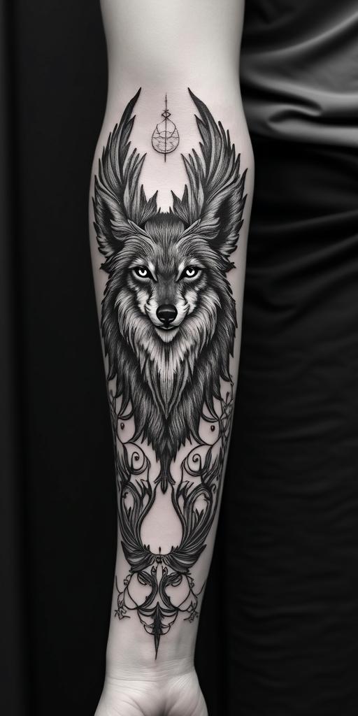 arm cover up, mix of wolf and phoenixin paganic style tattoo, featuring ancient symbols, add vegvisir symbol, mystical figures, incorporating designs, pentagrams, runes, crescent moons, - Variation 3