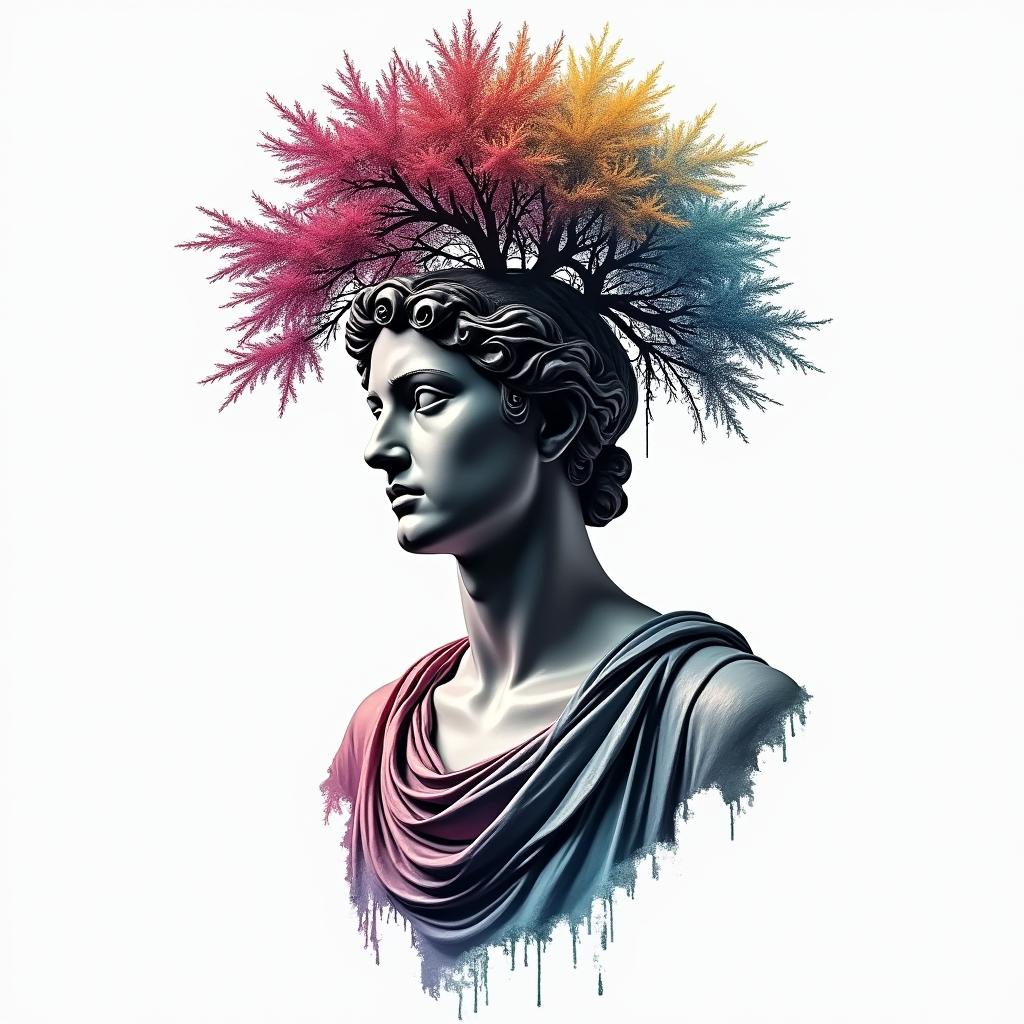 Piano fused with treein distorted and fragmented tattoo design, featuring a classical statue bust, in a glitch art style with vibrant, overlapping colors of cyan, magenta, and yellow, creating a digital distortion effect - Variation 3