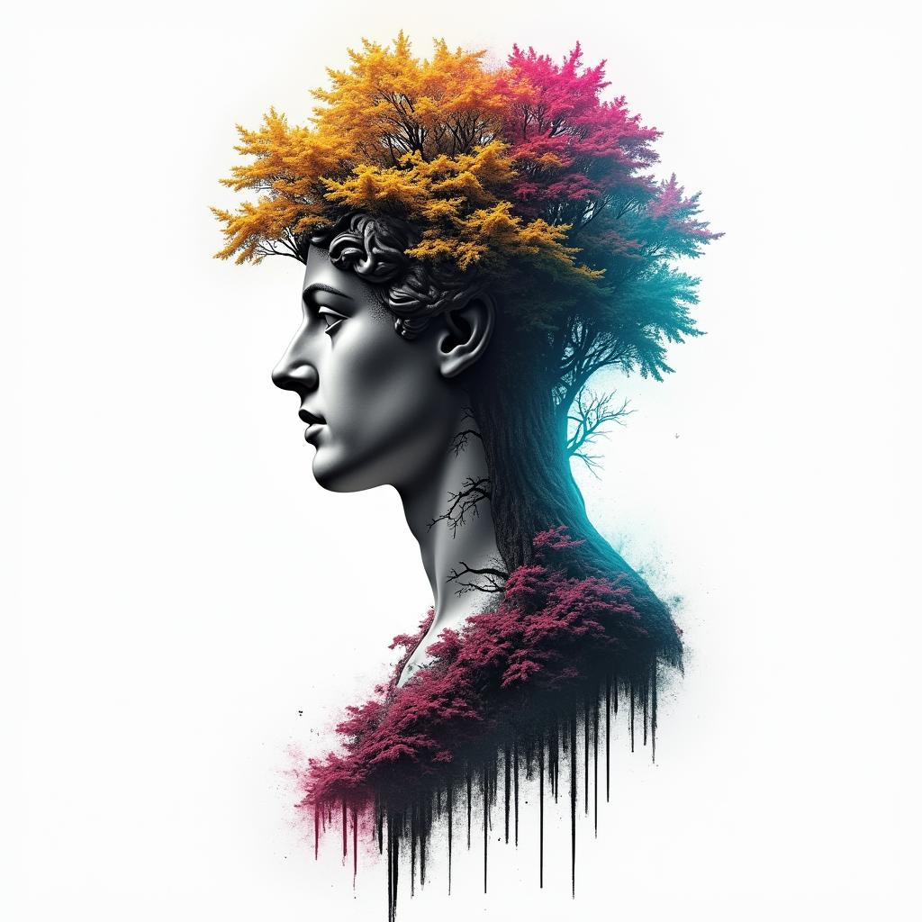 Piano fused with treein distorted and fragmented tattoo design, featuring a classical statue bust, in a glitch art style with vibrant, overlapping colors of cyan, magenta, and yellow, creating a digital distortion effect