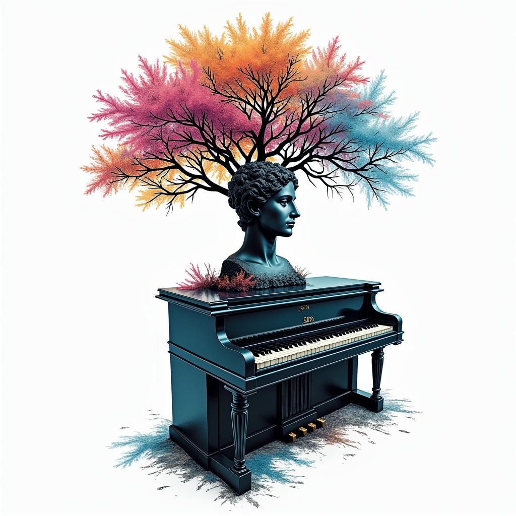 Piano fused with treein distorted and fragmented tattoo design, featuring a classical statue bust, in a glitch art style with vibrant, overlapping colors of cyan, magenta, and yellow, creating a digital distortion effect - Variation 4