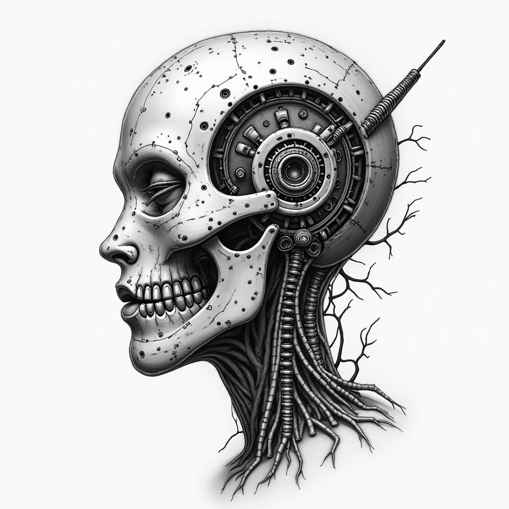SAH blood vesselstattoo in biomechanic style, the tattoo covered by robotic elements of futuristic cyberpunk design, robotic features detail, showcasing intricate mechanical components - Variation 3