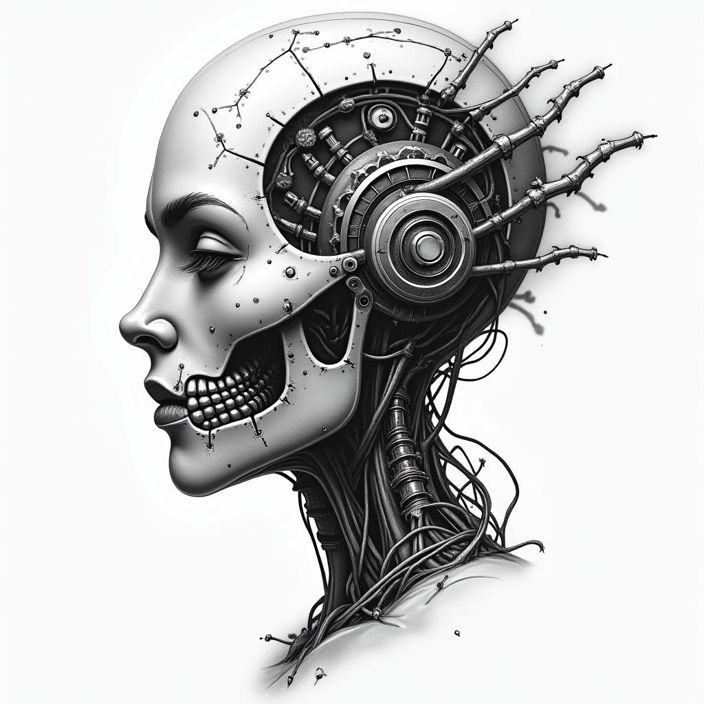 SAH blood vesselstattoo in biomechanic style, the tattoo covered by robotic elements of futuristic cyberpunk design, robotic features detail, showcasing intricate mechanical components - Variation 4