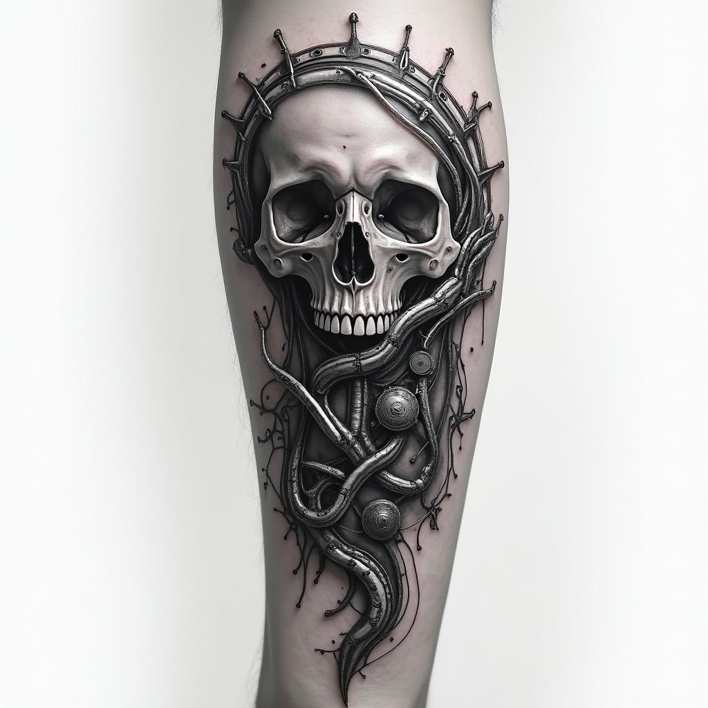 SAH blood vesselstattoo in biomechanic style, the tattoo covered by robotic elements of futuristic cyberpunk design, robotic features detail, showcasing intricate mechanical components - Variation 1