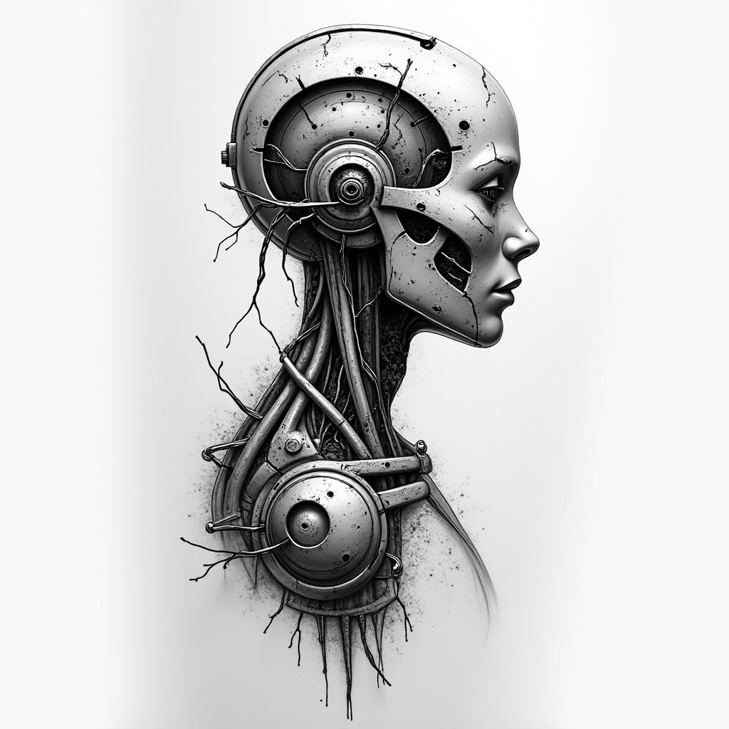 SAH blood vesselstattoo in biomechanic style, the tattoo covered by robotic elements of futuristic cyberpunk design, robotic features detail, showcasing intricate mechanical components - Variation 2