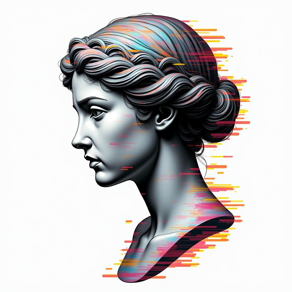 My name is Genesis, I am a lesbian and I like beer and living life happily.in distorted and fragmented tattoo design, featuring a classical statue bust, in a glitch art style with vibrant, overlapping colors of cyan, magenta, and yellow, creating a digital distortion effect - Variation 4