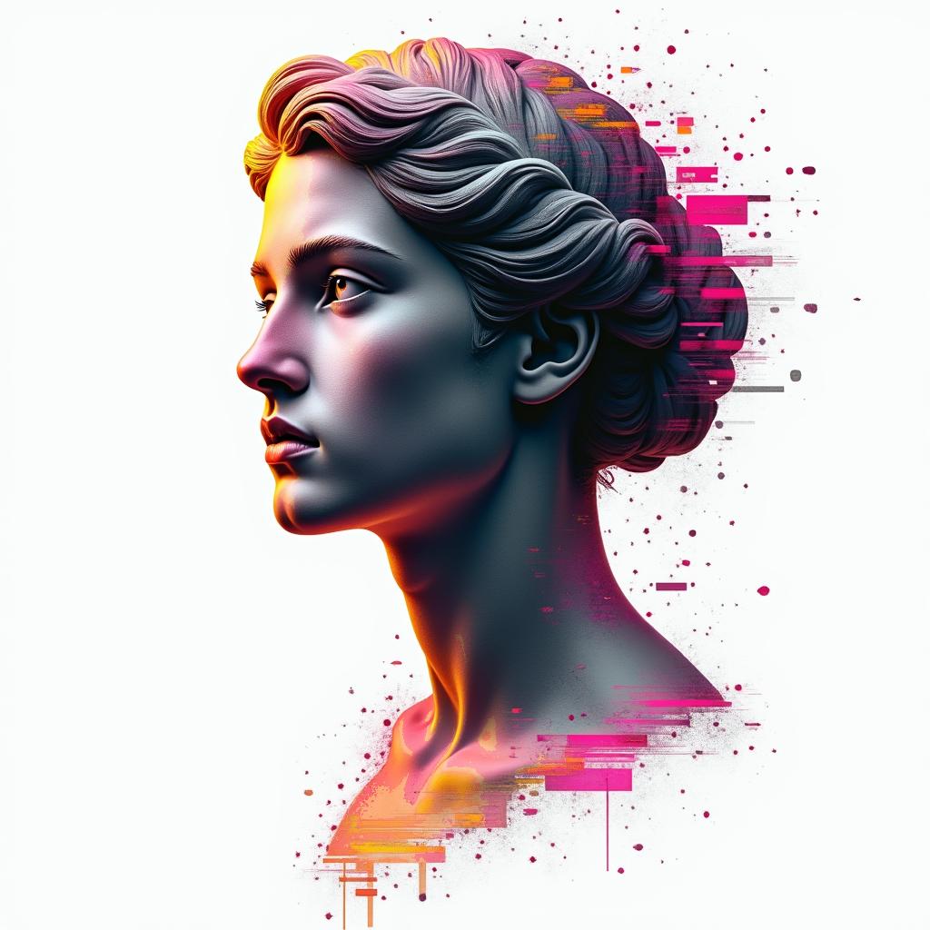 My name is Genesis, I am a lesbian and I like beer and living life happily.in distorted and fragmented tattoo design, featuring a classical statue bust, in a glitch art style with vibrant, overlapping colors of cyan, magenta, and yellow, creating a digital distortion effect - Variation 2