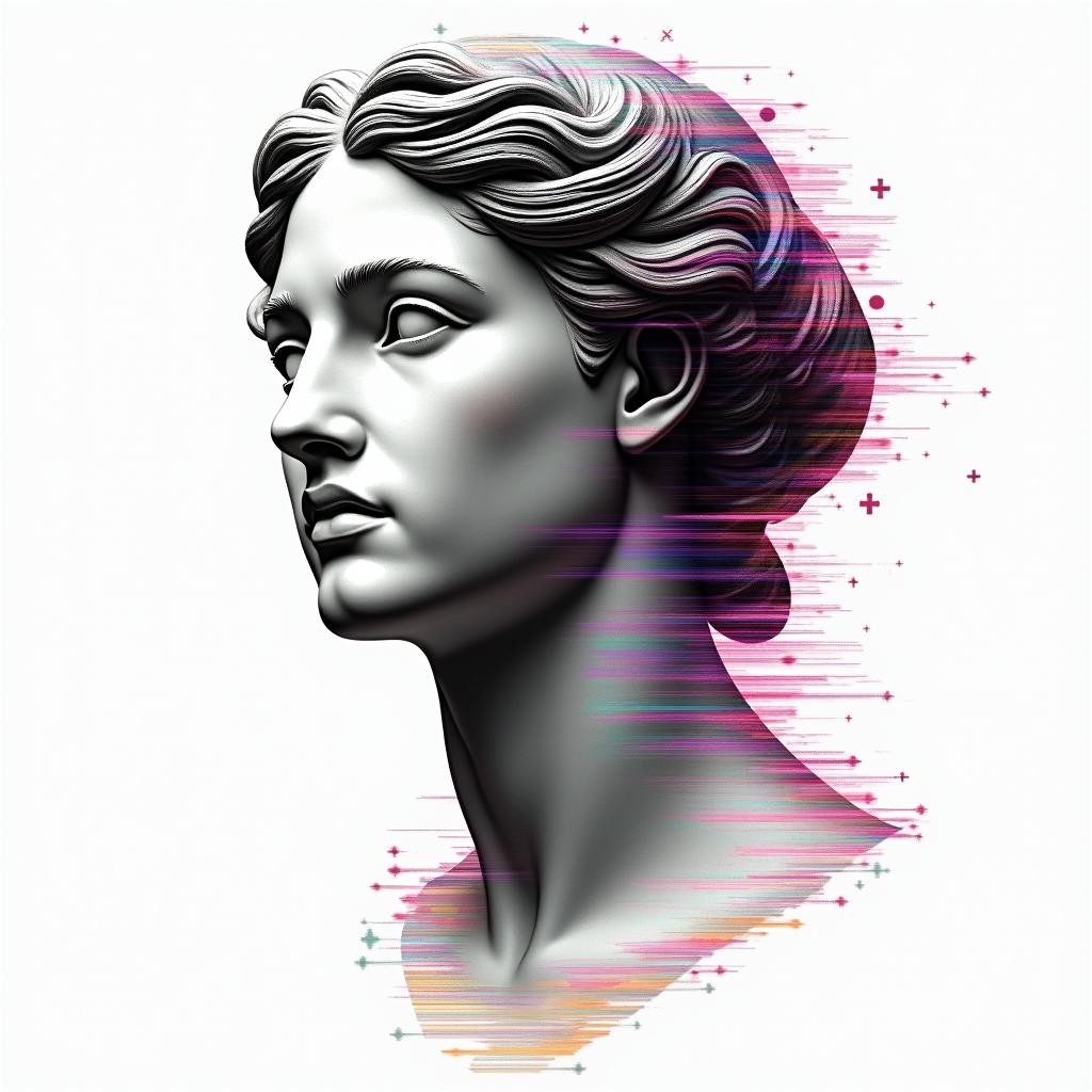 My name is Genesis, I am a lesbian and I like beer and living life happily.in distorted and fragmented tattoo design, featuring a classical statue bust, in a glitch art style with vibrant, overlapping colors of cyan, magenta, and yellow, creating a digital distortion effect - Variation 3