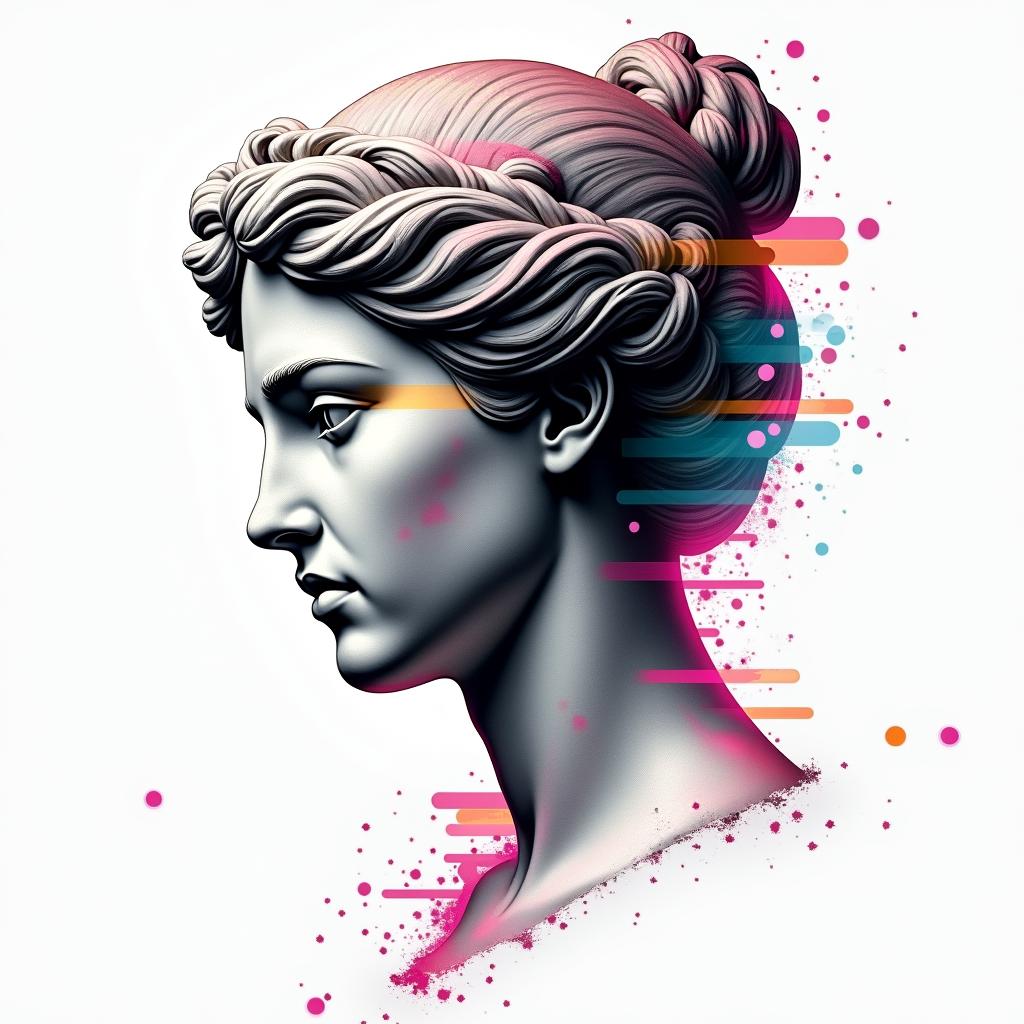 My name is Genesis, I am a lesbian and I like beer and living life happily.in distorted and fragmented tattoo design, featuring a classical statue bust, in a glitch art style with vibrant, overlapping colors of cyan, magenta, and yellow, creating a digital distortion effect