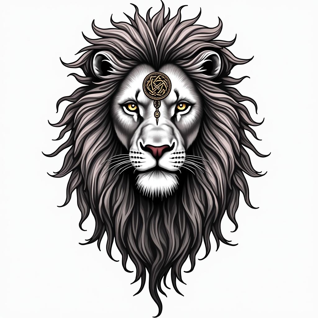 Lion, mystical, with a witch knot on its forehead, piercing gaze, in many colors.in bohemian style tattoo, 8k - Variation 1