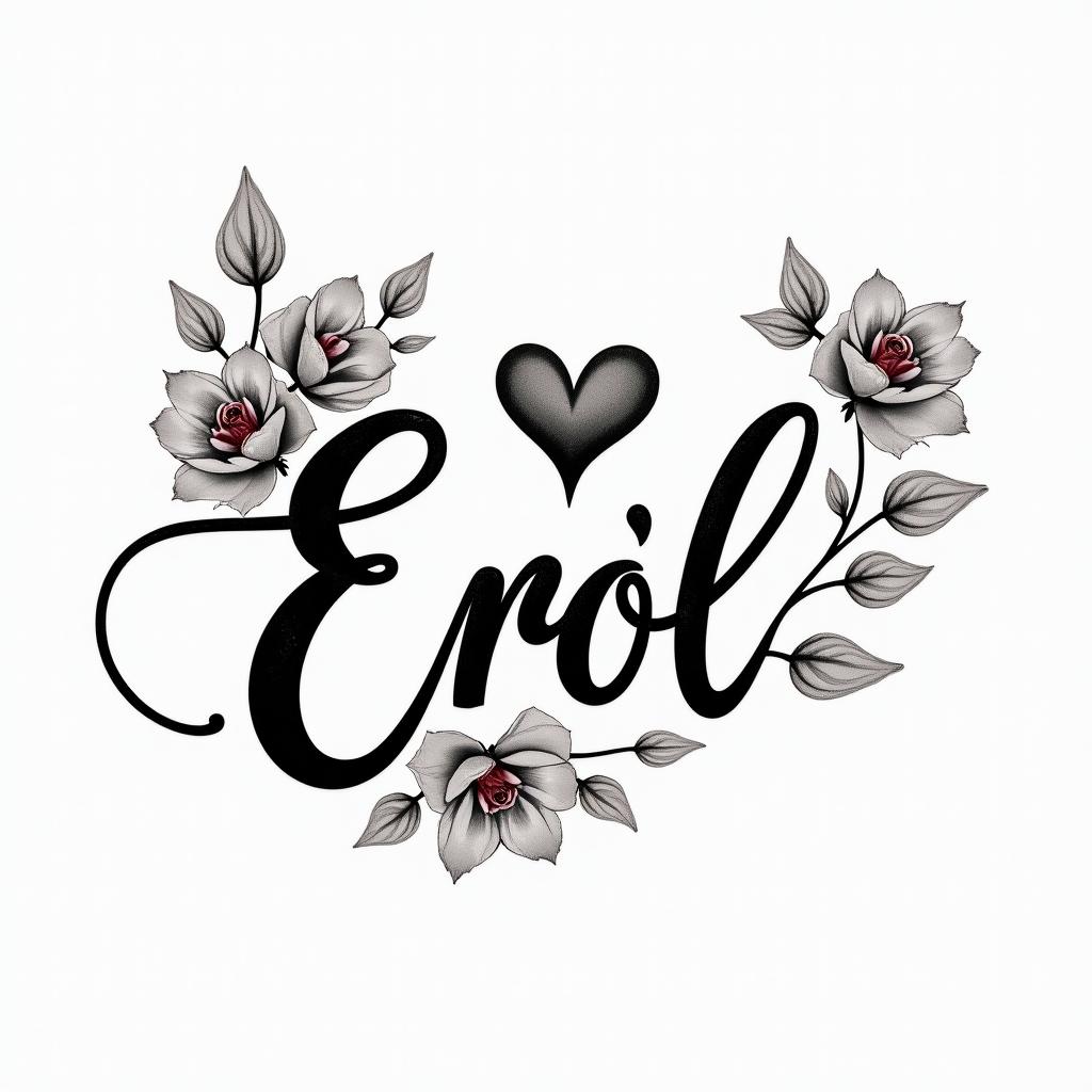 Errol, flowers and butterfly’sin elegant cursive calligraphy style 2d tattoo, decorate with roses, featuring a smooth and flowing handwritten script with slightly thickened strokes for a luxurious and bold appearance,  heart symbol between names,  sleek and glossy black text with shadowing, minimalist matte white background, clean and sharp edges, illuminated with soft lighting, romantic, 8k, high-quality textures with refined typography - Variation 7