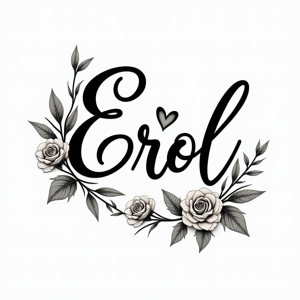 Errol, flowers and butterfly’sin elegant cursive calligraphy style 2d tattoo, decorate with roses, featuring a smooth and flowing handwritten script with slightly thickened strokes for a luxurious and bold appearance,  heart symbol between names,  sleek and glossy black text with shadowing, minimalist matte white background, clean and sharp edges, illuminated with soft lighting, romantic, 8k, high-quality textures with refined typography - Variation 5