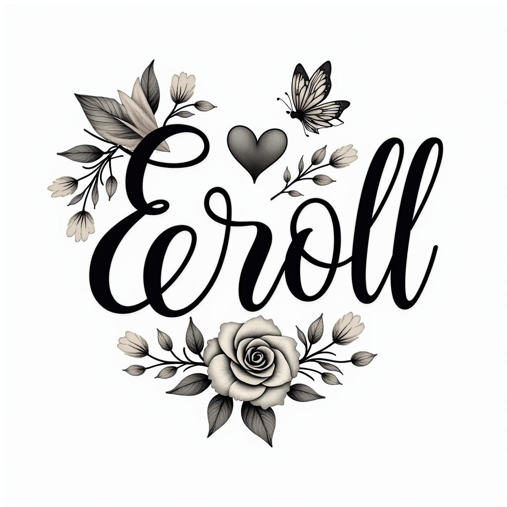 Errol, flowers and butterfly’sin elegant cursive calligraphy style 2d tattoo, decorate with roses, featuring a smooth and flowing handwritten script with slightly thickened strokes for a luxurious and bold appearance,  heart symbol between names,  sleek and glossy black text with shadowing, minimalist matte white background, clean and sharp edges, illuminated with soft lighting, romantic, 8k, high-quality textures with refined typography - Variation 8