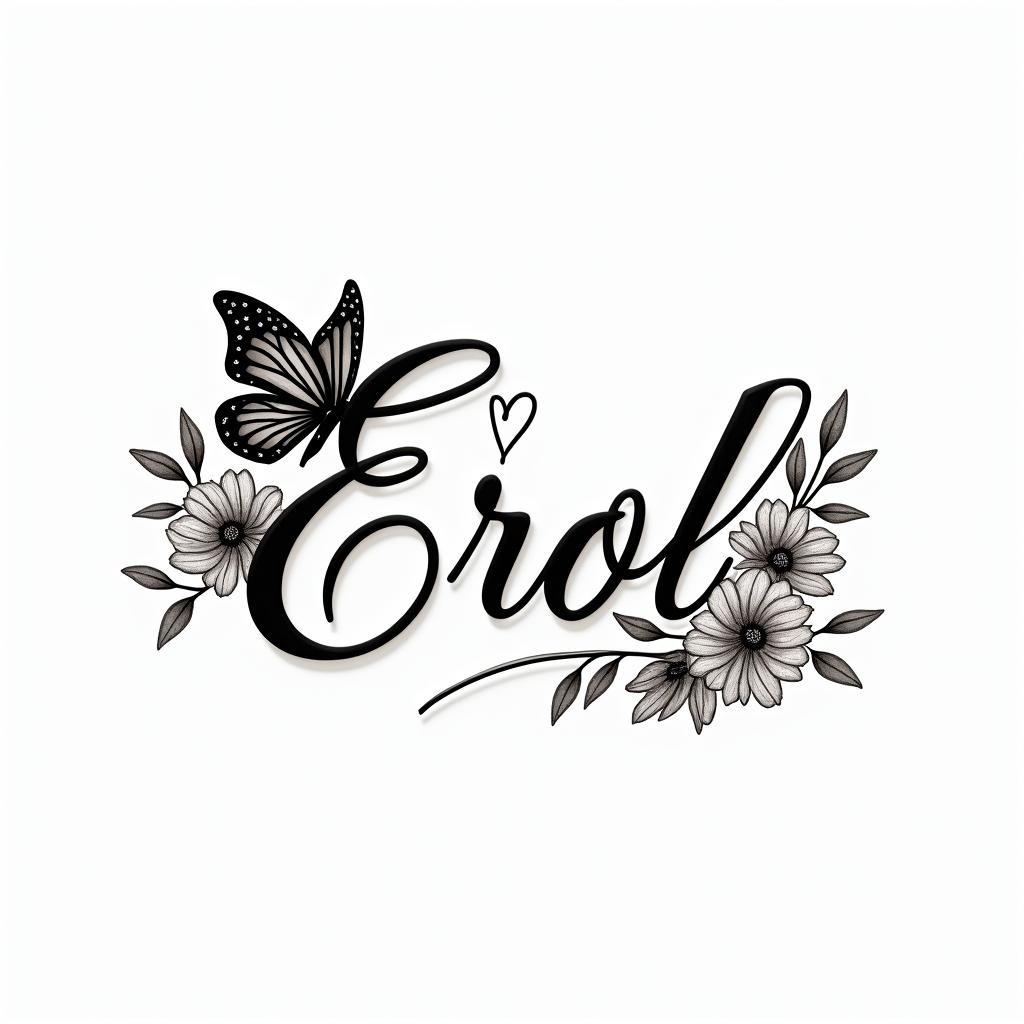Errol, flowers and butterfly’sin elegant cursive calligraphy style 2d tattoo, decorate with roses, featuring a smooth and flowing handwritten script with slightly thickened strokes for a luxurious and bold appearance,  heart symbol between names,  sleek and glossy black text with shadowing, minimalist matte white background, clean and sharp edges, illuminated with soft lighting, romantic, 8k, high-quality textures with refined typography - Variation 6