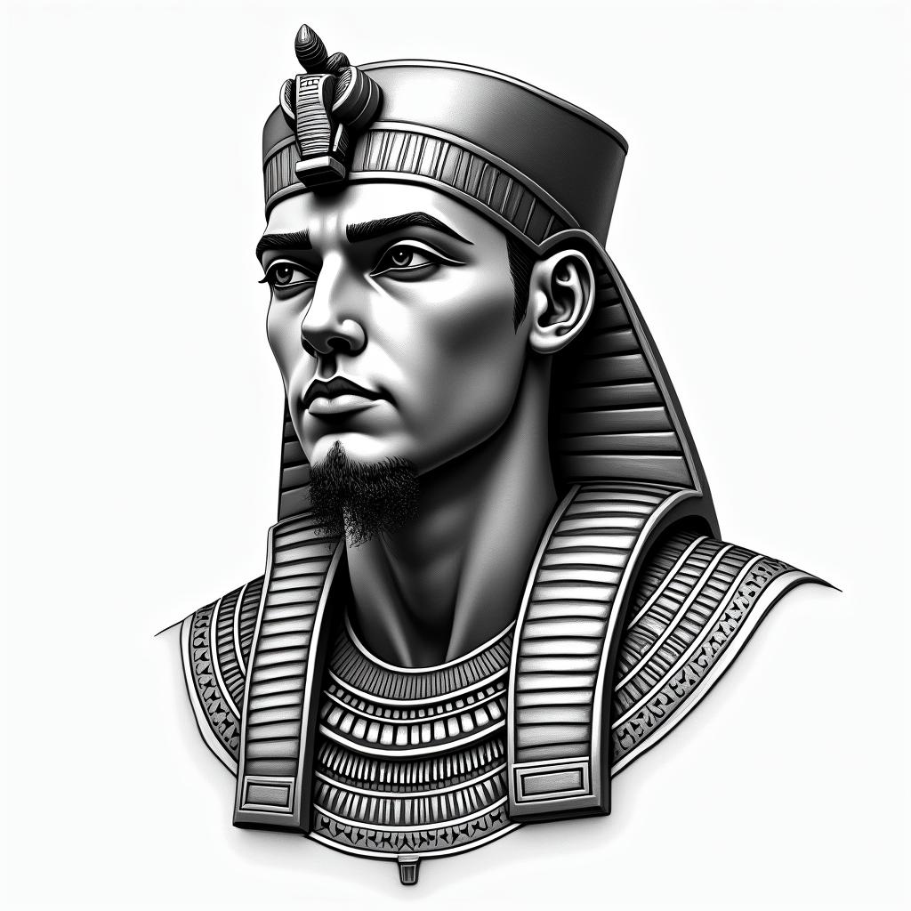 My name is Pedro, I am a fan of the Miami Heat and I am 32 years old.in egyptian style tattoo, bold elements of ancient egyptian culture including a portrait of an Egyptian pharaoh with detailed facial features, in hieroglyphs and symbolic imagery, eye of horus, ankh symbol, scarab beetle