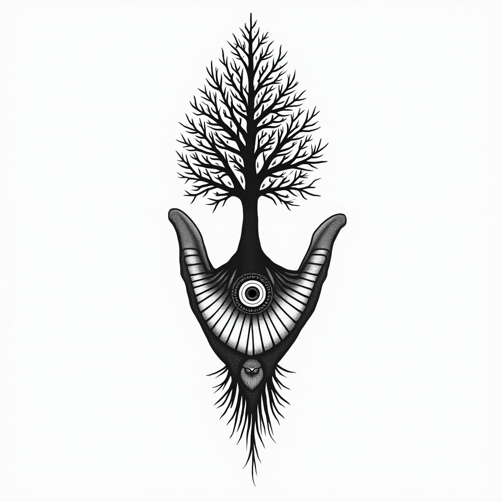 Piano fused with treein spiritual symbols tattoo style, featuring an intricate design incorporating elements, Hamsa hand, third eye, minimalist composition - Variation 2