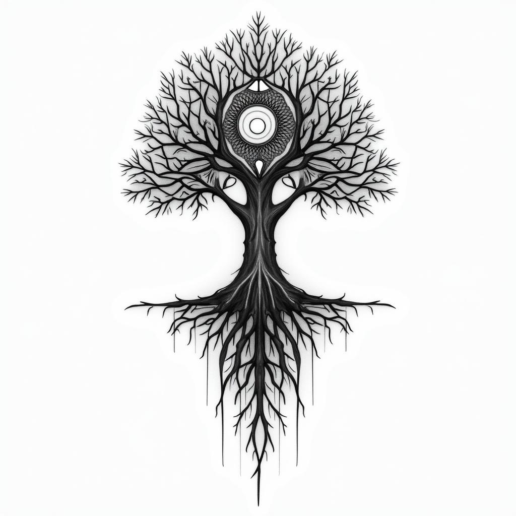 Piano fused with treein spiritual symbols tattoo style, featuring an intricate design incorporating elements, Hamsa hand, third eye, minimalist composition - Variation 4