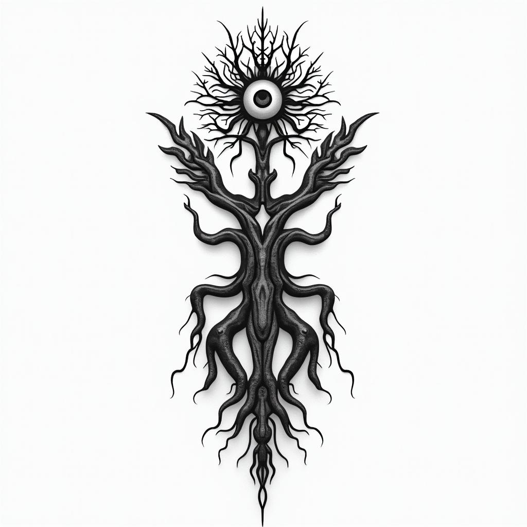 Piano fused with treein spiritual symbols tattoo style, featuring an intricate design incorporating elements, Hamsa hand, third eye, minimalist composition - Variation 3