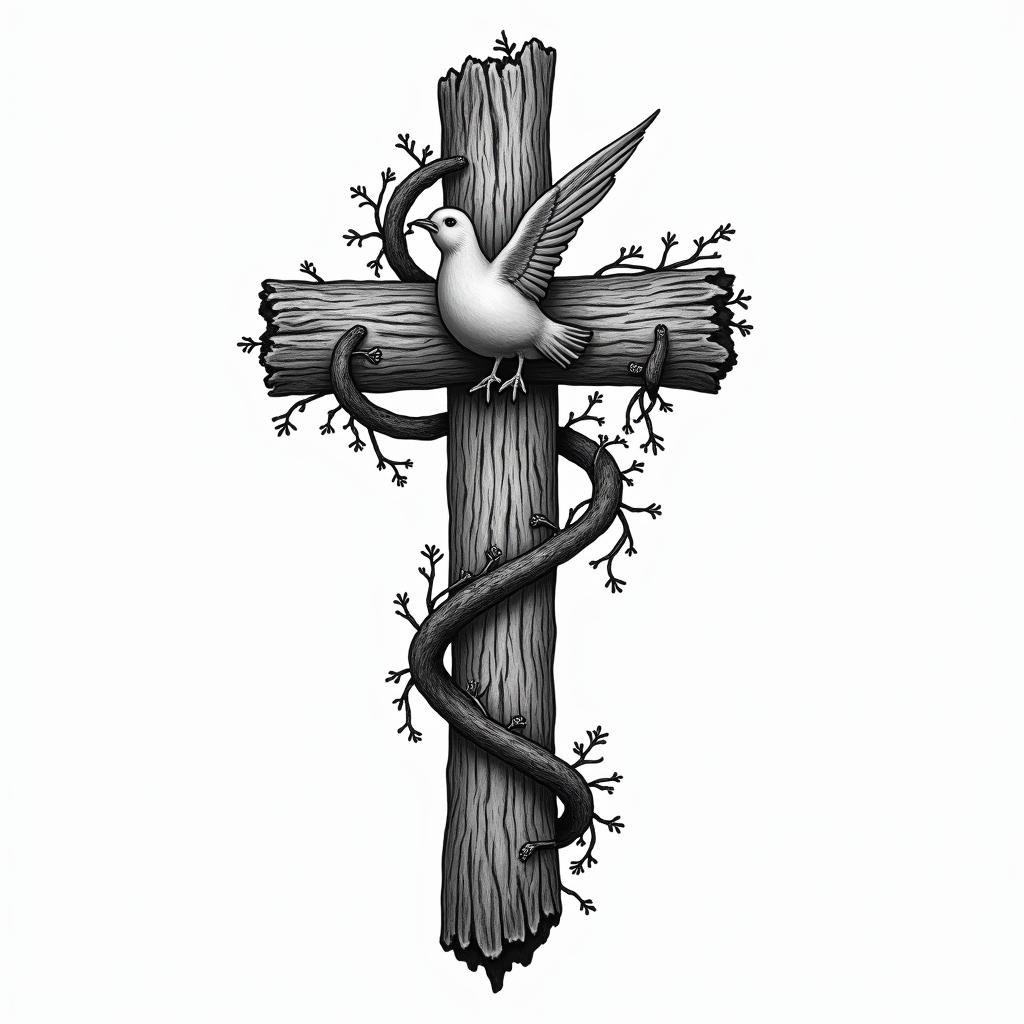 Old wooden cross with vines wrapped around it and a dove resting on a vinein authentic tattoo style, incorporating traditional modifications, bold black outlines, solid color fills, featuring classic authentic elements - Variation 4