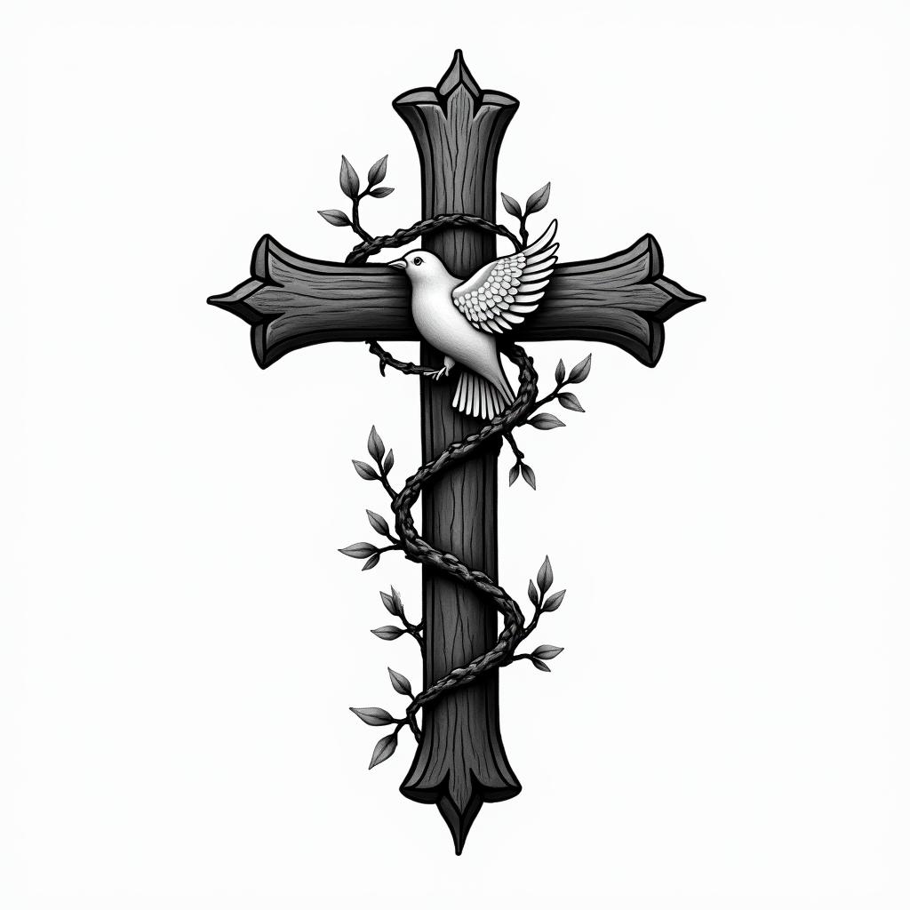 Old wooden cross with vines wrapped around it and a dove resting on a vinein authentic tattoo style, incorporating traditional modifications, bold black outlines, solid color fills, featuring classic authentic elements - Variation 2
