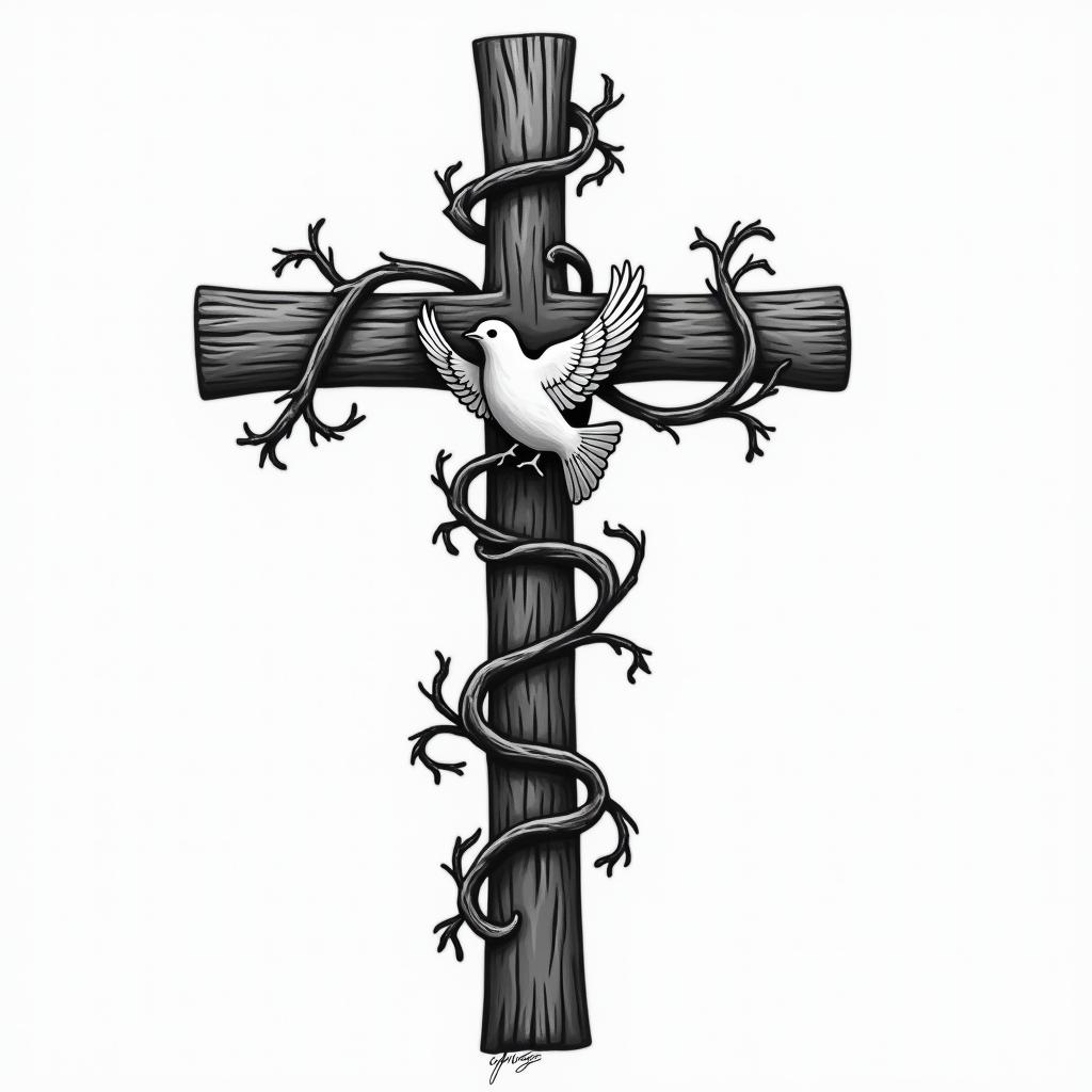 Old wooden cross with vines wrapped around it and a dove resting on a vinein authentic tattoo style, incorporating traditional modifications, bold black outlines, solid color fills, featuring classic authentic elements