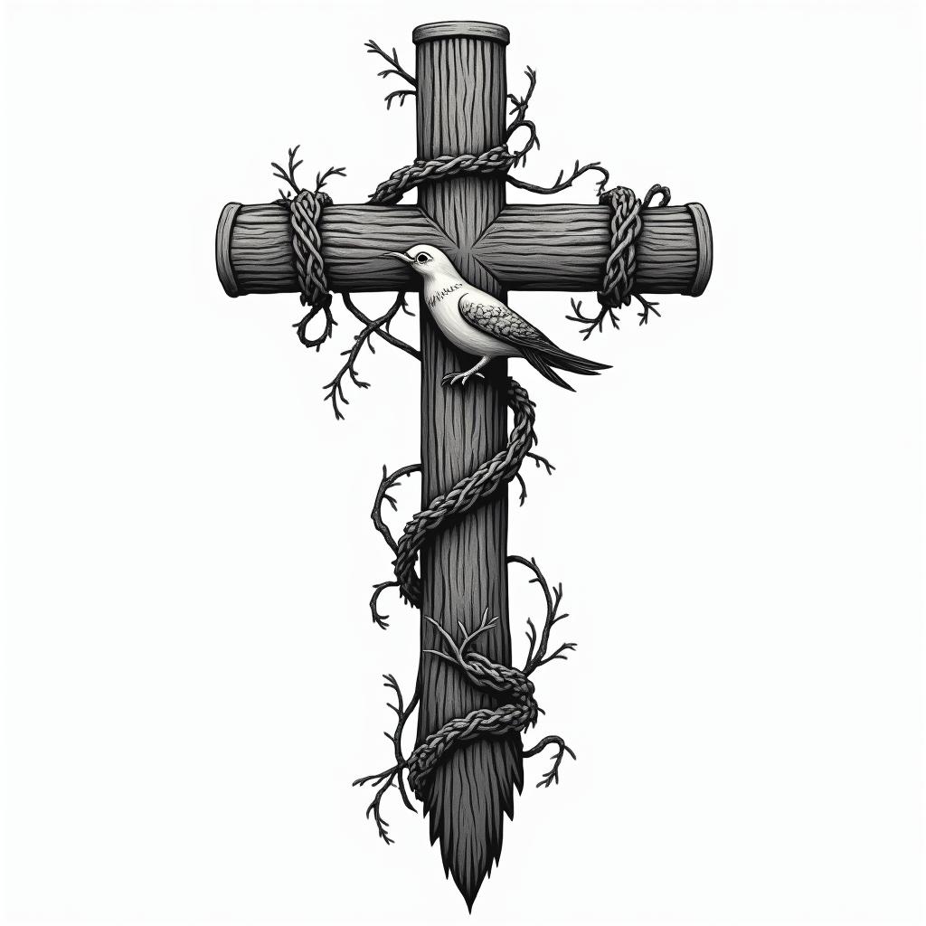 Old wooden cross with vines wrapped around it and a dove resting on a vinein authentic tattoo style, incorporating traditional modifications, bold black outlines, solid color fills, featuring classic authentic elements - Variation 3