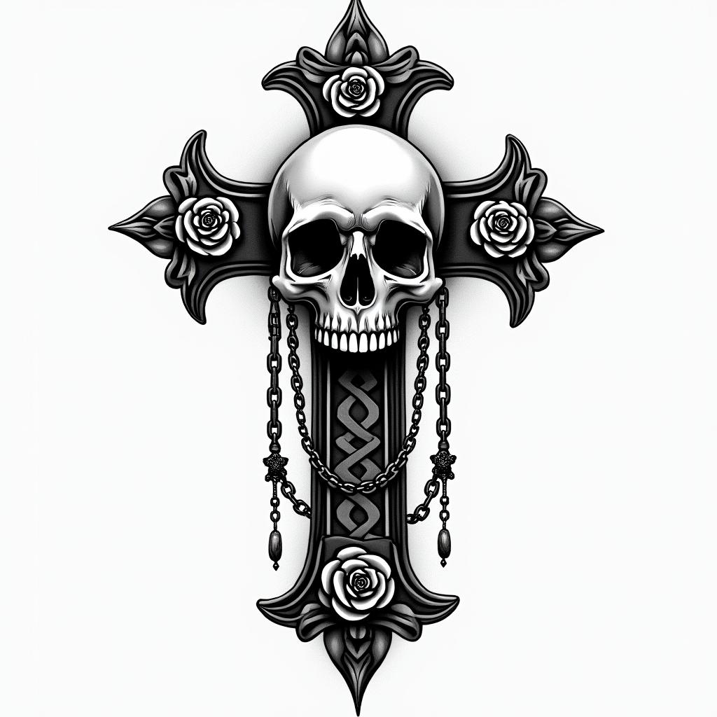 Hard timing it. Lostin chicano style tattoo, featuring intricate black and grey shading, bold elements of traditional chicano culture symbols, add a big cross with skull, chains and roses