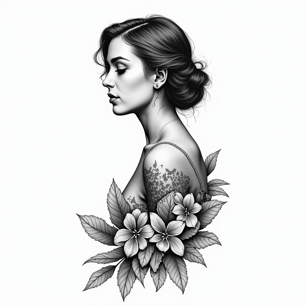 Floral side coxa with bottom wheels. Include the image of Maria Padilha with a fan. Thinner at the ends.higly detailed tattoo - Variation 8