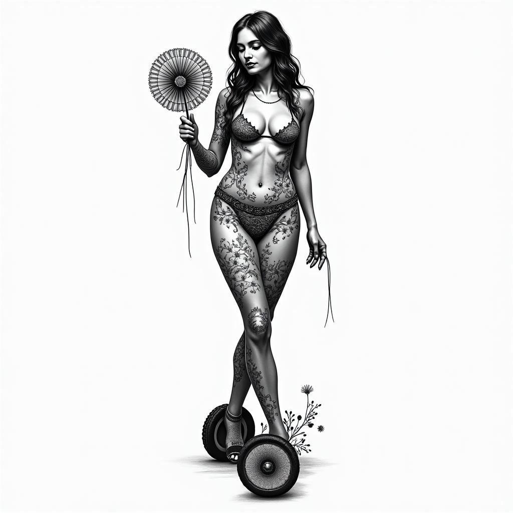 Floral side coxa with bottom wheels. Include the image of Maria Padilha with a fan. Thinner at the ends.higly detailed tattoo - Variation 5