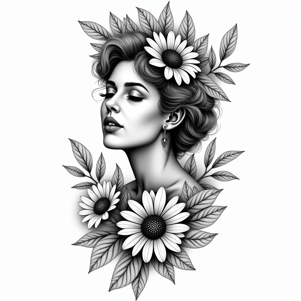 Floral side coxa with bottom wheels. Include the image of Maria Padilha with a fan. Thinner at the ends.higly detailed tattoo - Variation 6