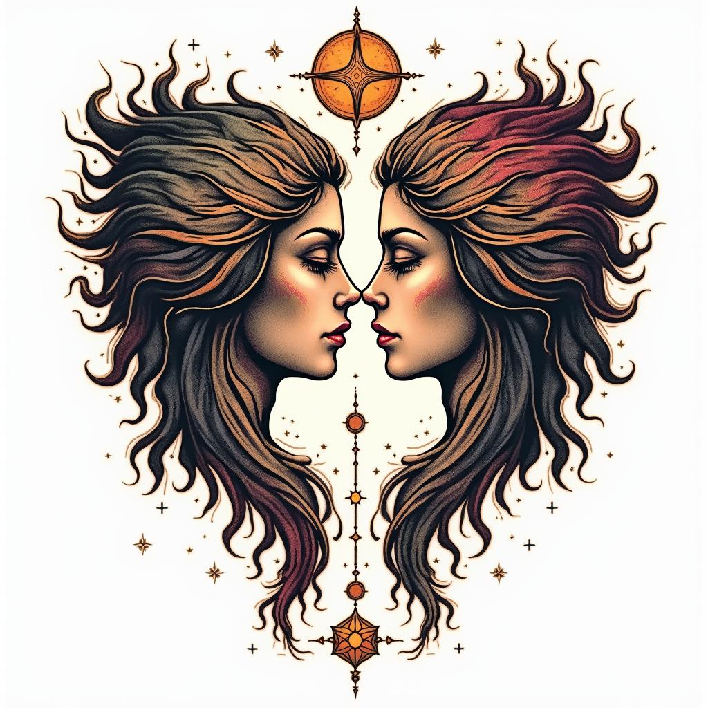 create a universe meant to be connection between two lovers
in paganic style tattoo, featuring ancient symbols, add vegvisir symbol, mystical figures, incorporating designs, pentagrams, runes, crescent moons,