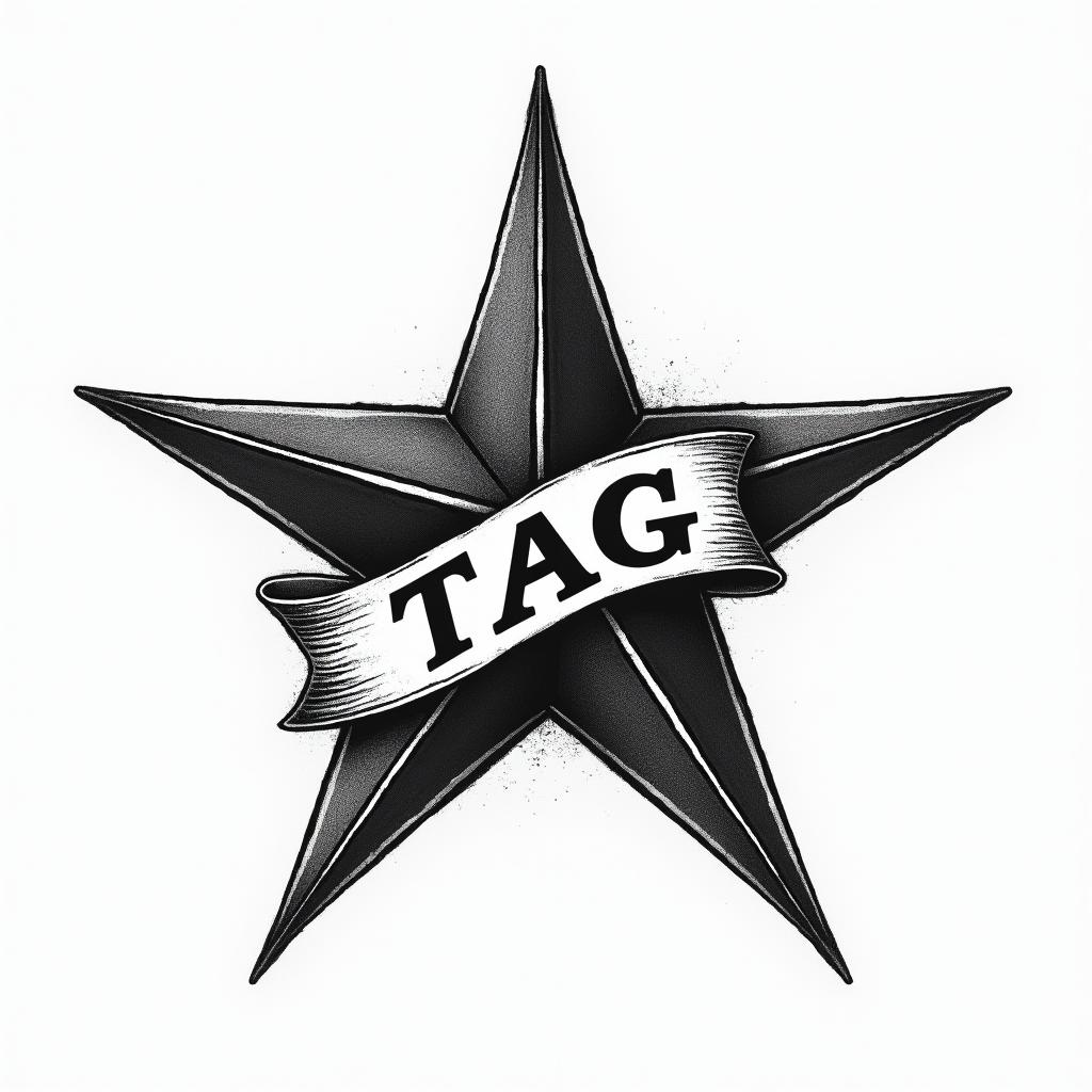 Star with a banner with the initials TAGin authentic tattoo style, incorporating traditional modifications, bold black outlines, solid color fills, featuring classic authentic elements - Variation 3