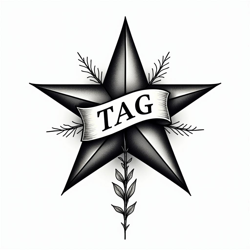 Star with a banner with the initials TAGin authentic tattoo style, incorporating traditional modifications, bold black outlines, solid color fills, featuring classic authentic elements - Variation 2