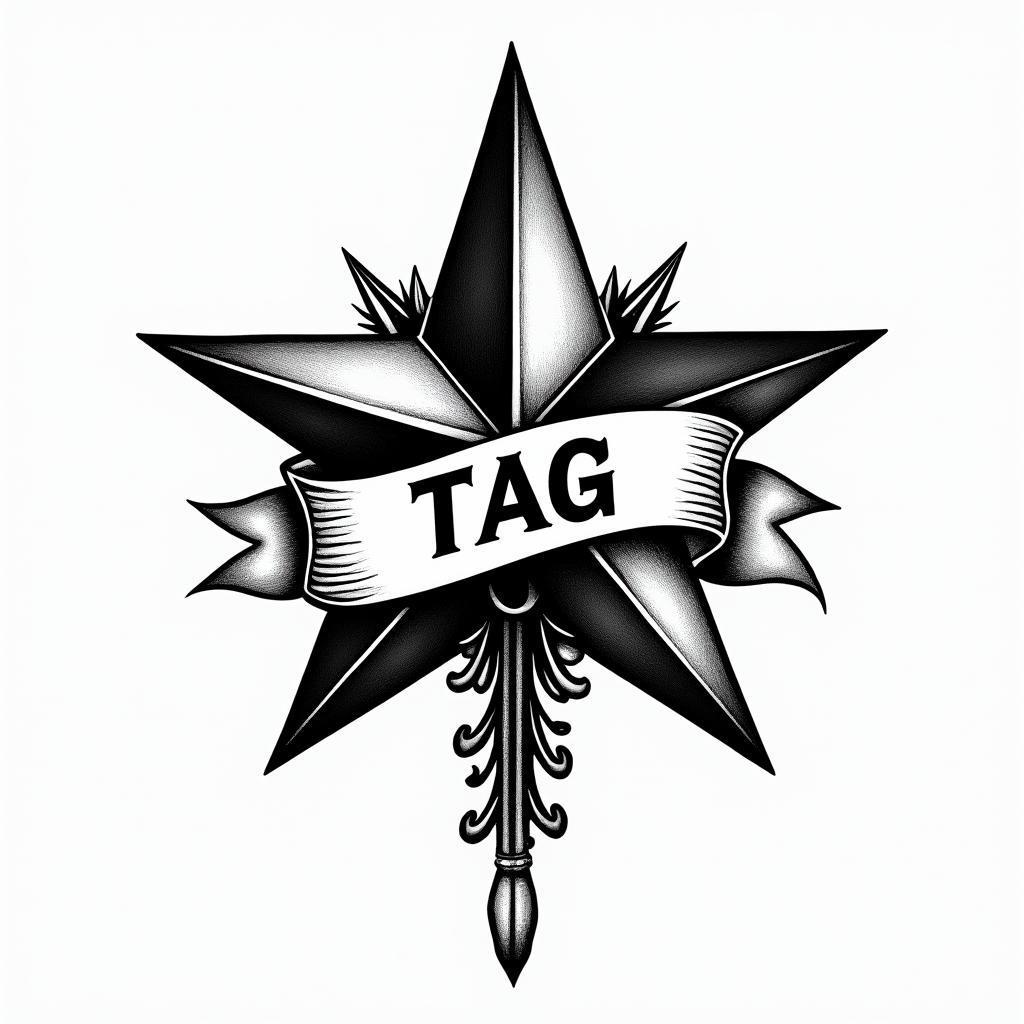 Star with a banner with the initials TAGin authentic tattoo style, incorporating traditional modifications, bold black outlines, solid color fills, featuring classic authentic elements